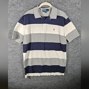 Ralph Lauren Men's Blue and Gray Striped Polo Shirt Red Pony Size L